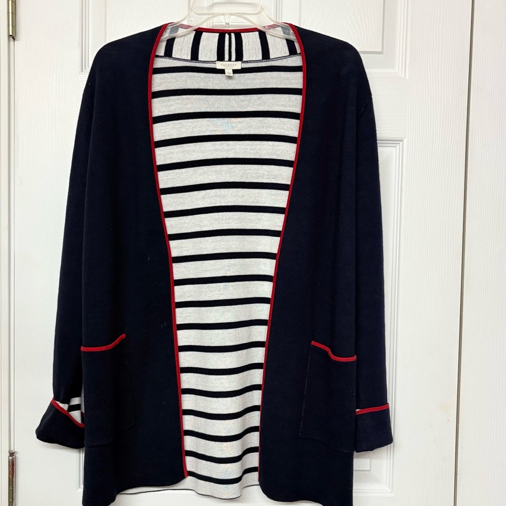 Talbots Cotton Blend Nautical Open Cardigan Navy Blue Red White SOFT Sz MP